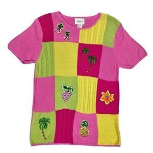 VTG Jenny Crochet Sweater M Pink Yellow‎ Embroidered Flamingo